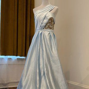 Ice Blue One Shoulder Long Satin Dress by JeremyDress